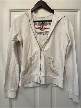 White Zip-Up Hoodie with Embellished Pockets